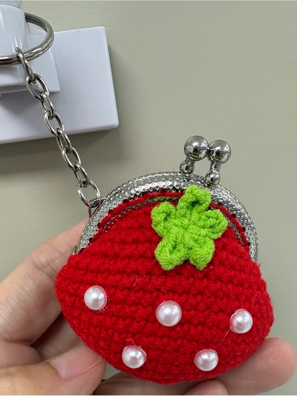 Crochet Strawberry Coin Purse Bag Charm Keychain Red